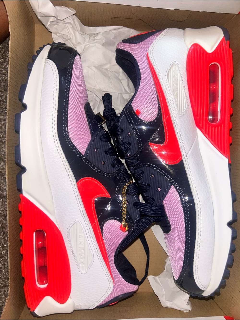 Nike Air Max 90 White Pink Navy with Red Accents